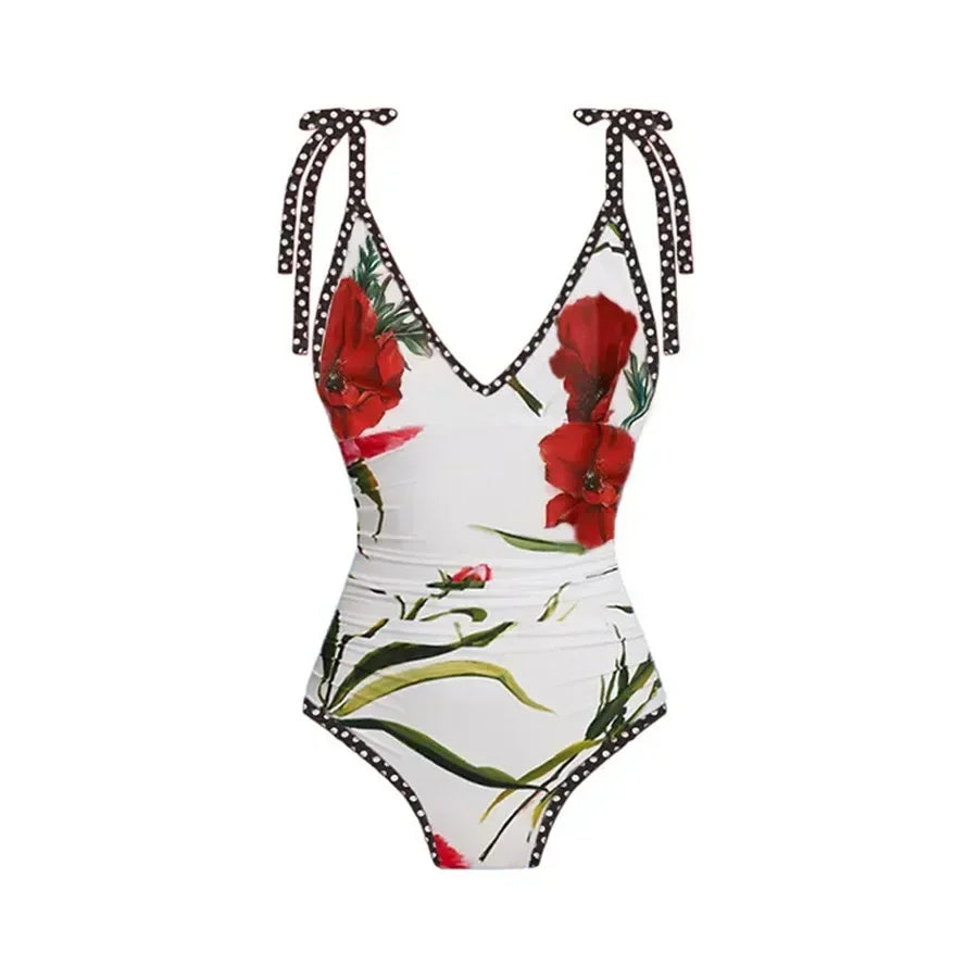 Vintage Floral Cut-Out Halter One Piece Swimsuit Aesthetic