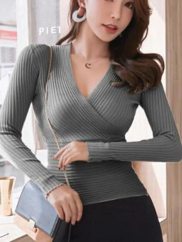 Korean Women S Sexy Deep V Neck Short Sweater Slim Pullover Elastic Cotton Bottoming Top For Women