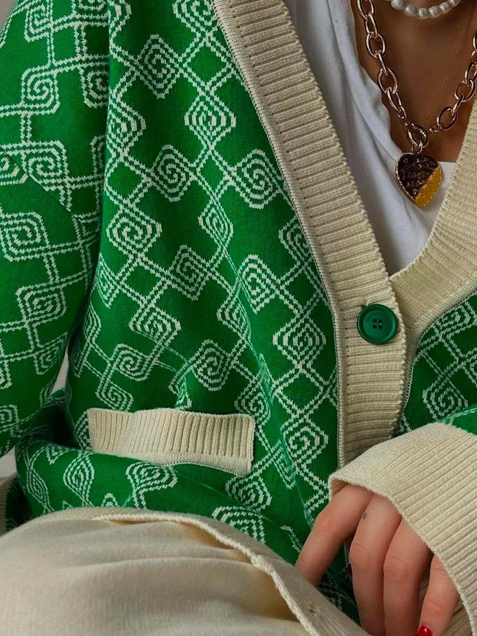 Geometric Jacquard V-Neck Knit Cardigan – Oversized 2025 Autumn/Winter