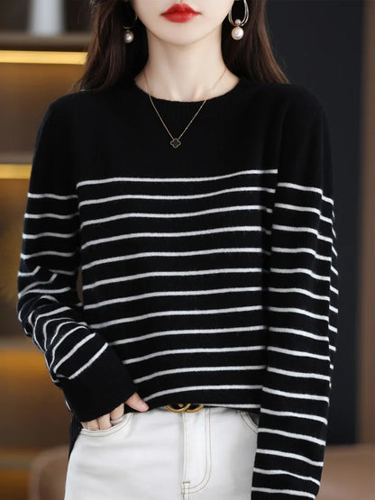 Loose Style Bold Striped O Neck Women Sweaters