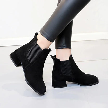 Womens Knitted Ankle Sock Boots Elegant Chunky Heel Square Toe Booties