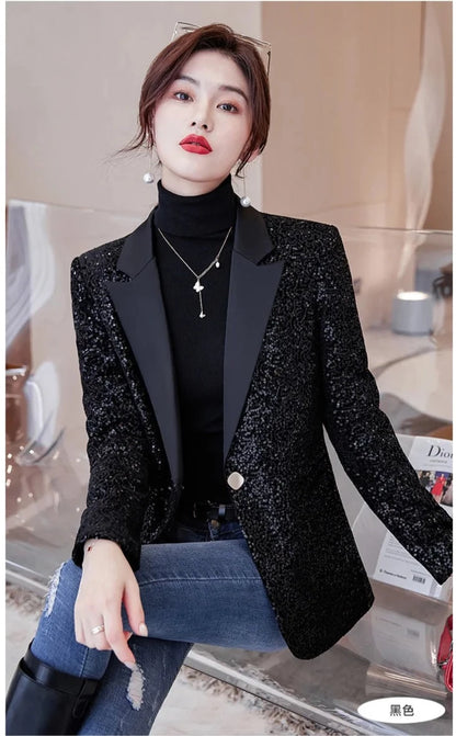 Sequined Shiny Long Sleeve Casual Office Style Blazer Coat For Women