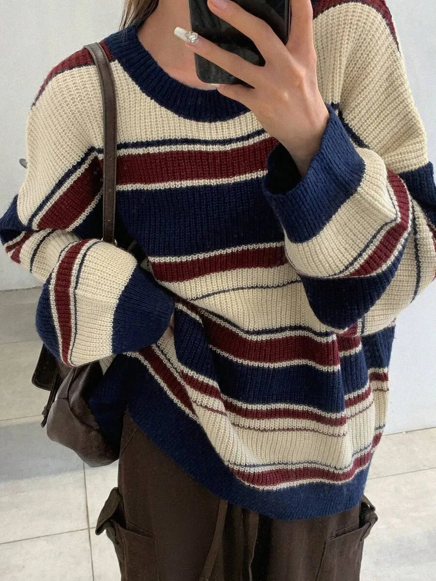 Womens Color Block Striped Loose Fit Winter Sweater