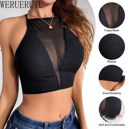 2025 Mesh Corset Black Crop Top For Women Patchwork Sleeveless Off Shoulder Cami Sexy Strapless Tank Top Summer Streetwear