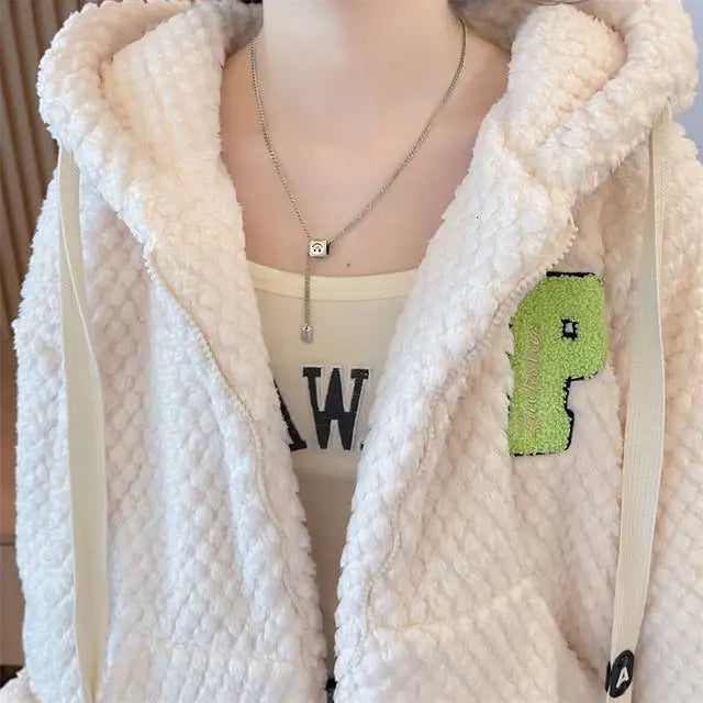 Embroidered Sheep Hooded Sweatshirt Autumn Winter Imitation Lamb Wool Plush Hoodie For Women