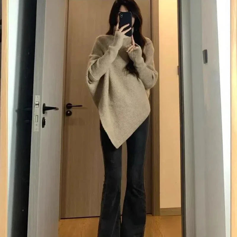 2025 Women S Turtleneck Sweater New Autumn Winter Side Slit Pullover Top Korean Fashion Knit Sweater With Long Flare Sleeves