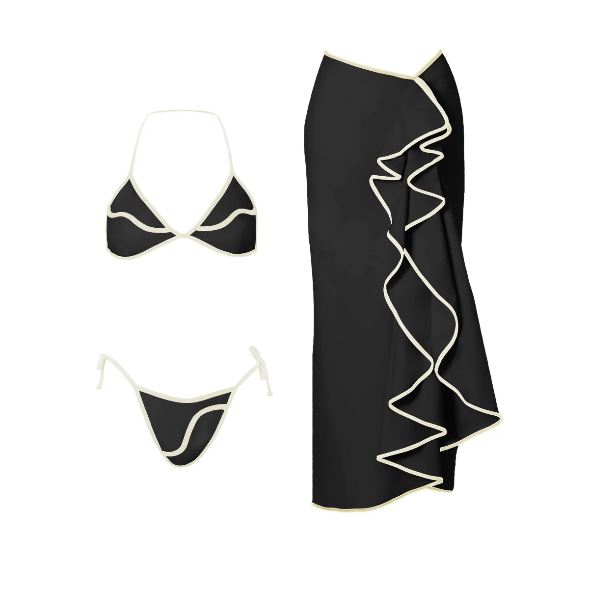 Cream and Black Contrast Trim Bikini with Matching Skirt and Tote Bag Aesthetic