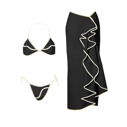 Cream and Black Contrast Trim Bikini with Matching Skirt and Tote Bag Aesthetic