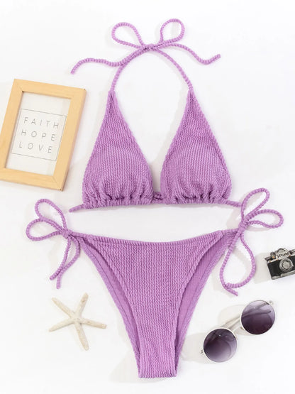 Neon Pink Textured Ribbed Triangle Bikini Aesthetic