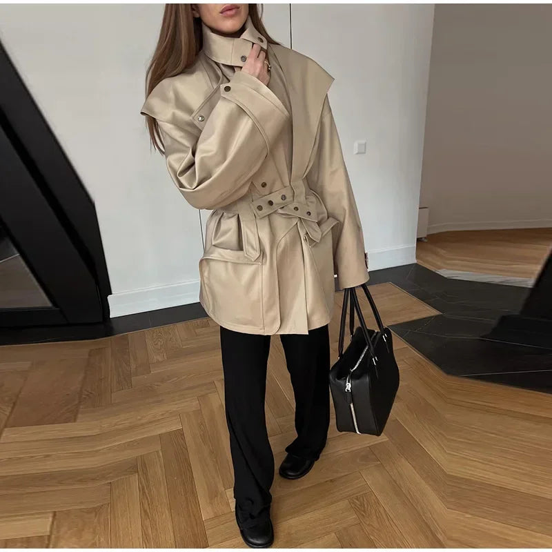 Cotton Khaki Long Turn Down Collar Belted Women Trench Coat