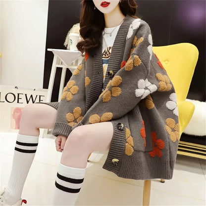 Vintage Long Sleeve Printed Cardigan V Neck Button Up Floral Sweater With Pockets Spring Autumn Casual Women S Clothing
