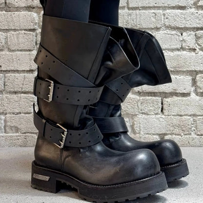 Womens Knee High Buckle Strap Boots Retro Pu Leather Rivet Thick Heel Motorcycle Boots