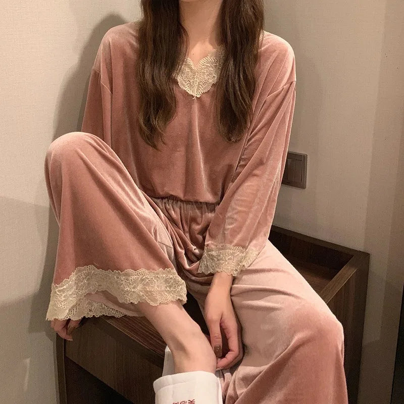 Womens Golden Velvet Pajama Set Lightweight Long Sleeve Lace Sleepwear For Spring Autumn