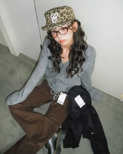 V-Neck Drawstring Knit Cardigan for Women – Slimming Autumn Outerwear