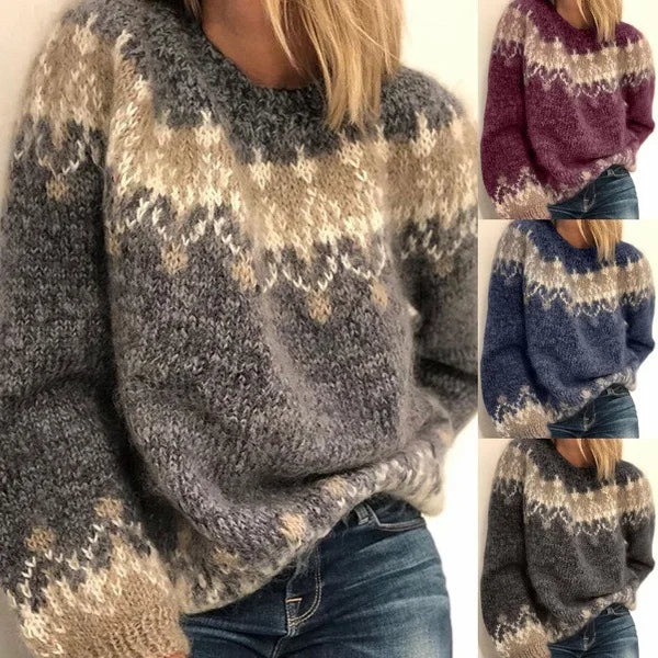Autumn Winter New Womens Korean Edition Loose Lazy Style Plush Retro Jacquard Round Neck Pullover Sweater