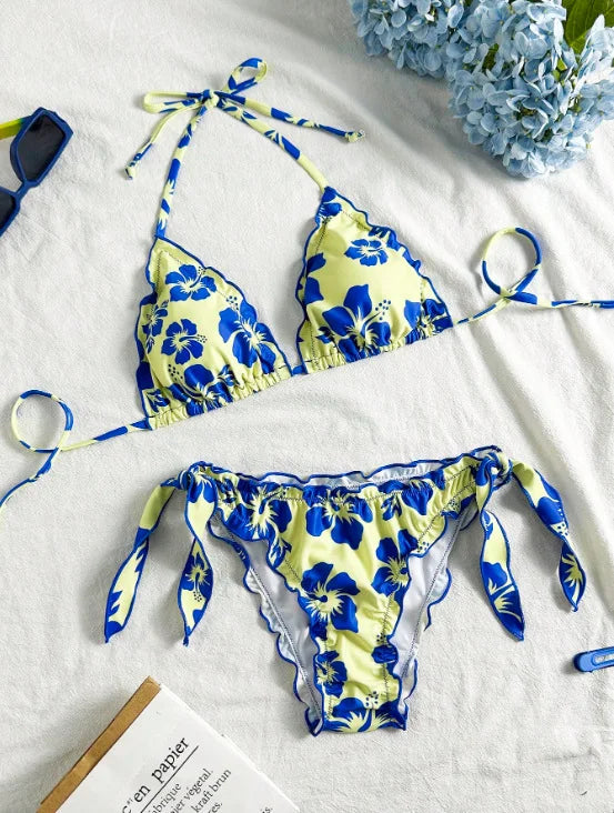 2025 Summer Pleated Bikini Set For Women Two Piece Triangle Swimsuit Halter Bathing Suit