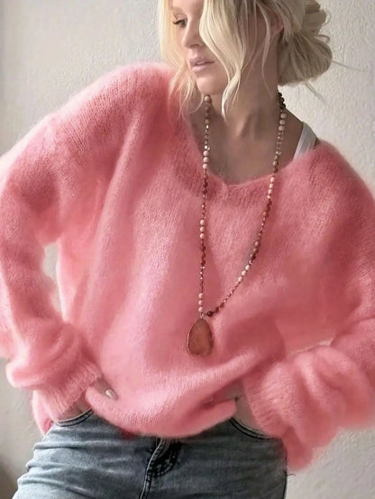 2025 Women S Solid Color Long Sleeved V Neck Cotton Linen Loose Top Fashionable Casual Sweater