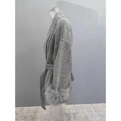 Elegant Wool Blend Coat for Women – Fur Patchwork Long Office Overcoat 2025 Fashion