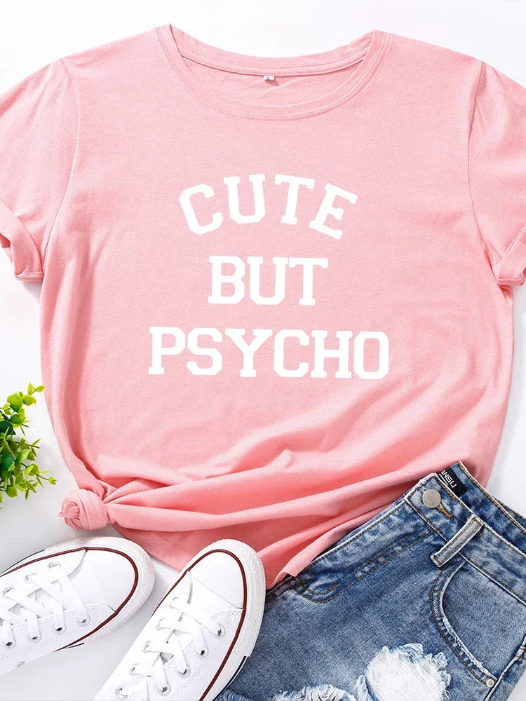 Cute But Psycho Graphic T Shirt 2025 Summer Funny Loose Crew Neck Tee Womens Casual Harajuku Print Shirt