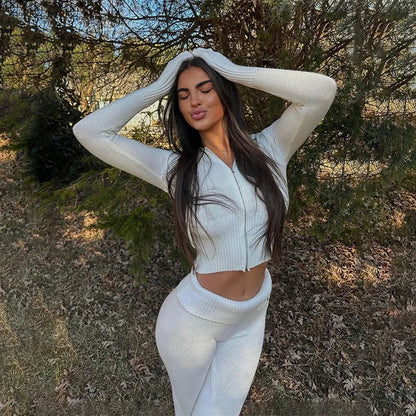 Long Sleeve Zipper Solid Knitted 2 Piece Sets Women Tracksuits