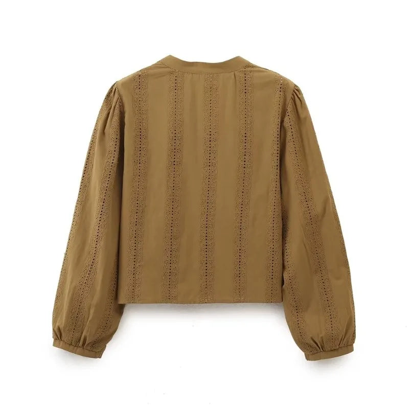 Embroidered V Neck Blouse Modern Fitted Shirt For Women