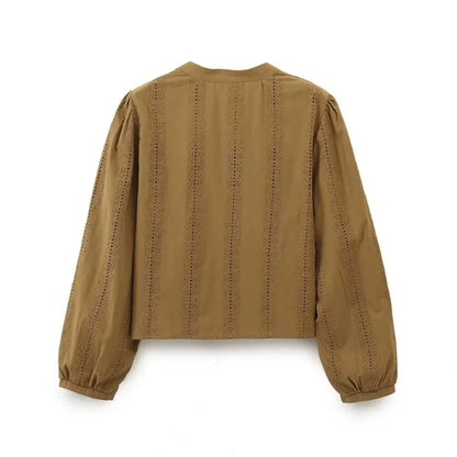 Embroidered V Neck Blouse Modern Fitted Shirt For Women