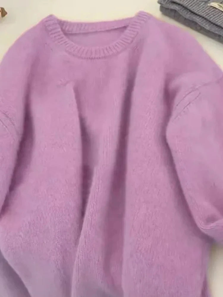 Autumn Winter Hot Sale New Acrylic Loose Drop Shoulder Round Neck Color Matching Long Sleeve Knitted Sweater For Women