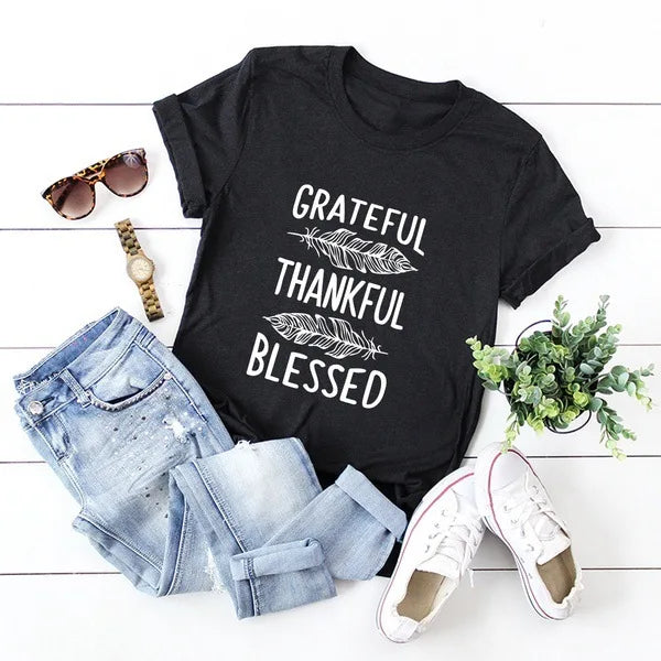 Grateful Thankful Blessed Feather Print T Shirt Womens Short Sleeve O Neck Loose Fit Casual Tee Inspirational Graphic Ladies Top