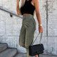 High Waist Cargo Pants: Solid Color with Pocket and Button Details