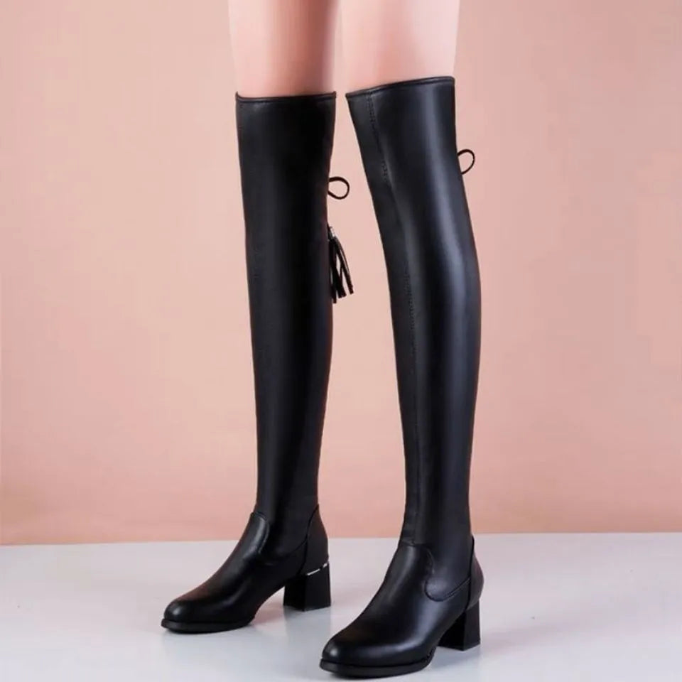 Over The Knee Elastic Leather Long Boots For Women