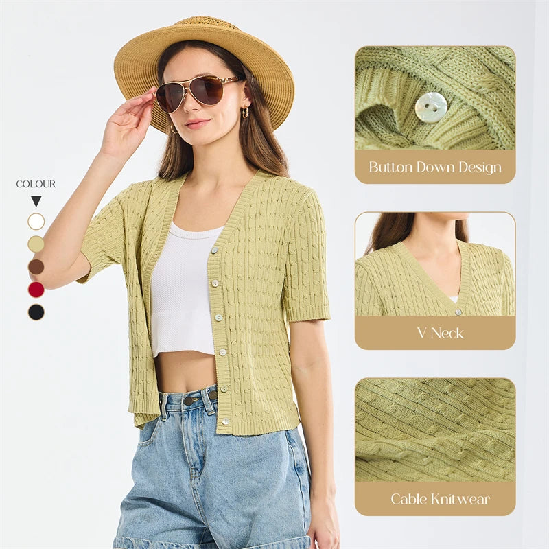 Thin Cardigan for Women, Summer Cropped Button V-Neck Short Sleeve Knitted Top, Slim Sweater Tops, Women's Knitwear