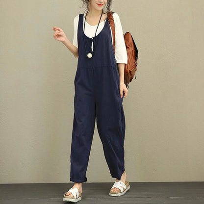 Boho Comfort: Wide-Leg Suspender Cotton Jumpsuit