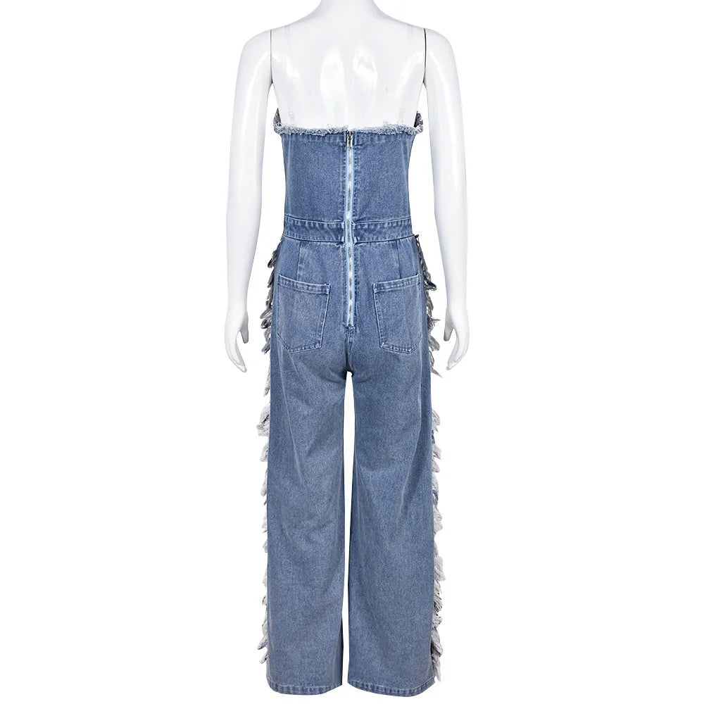Full Ripped Style Hollow Out Strapless Backless Jean Jumpsuit