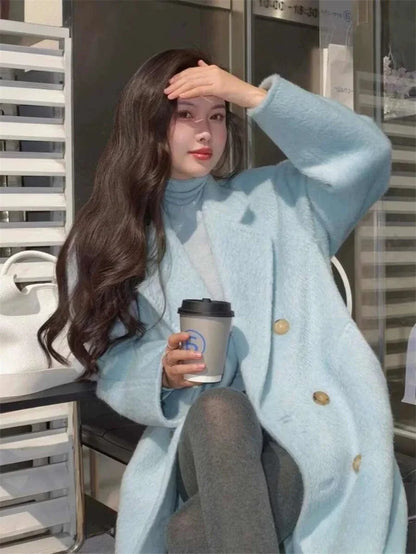 Elegant Woolen Belted Coat for Women – Korean Style Double Breasted Winter Overcoat