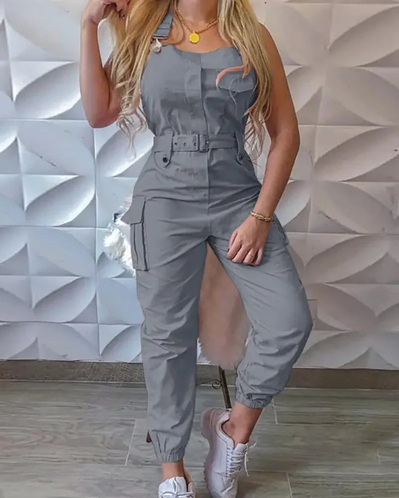 2025 Women S Casual Cargo Jumpsuit Sleeveless O Neck Playsuit With Pocket Belt Loose Pencil Pants