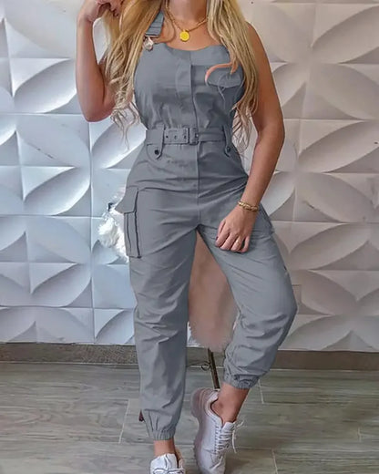 2025 Women S Casual Cargo Jumpsuit Sleeveless O Neck Playsuit With Pocket Belt Loose Pencil Pants