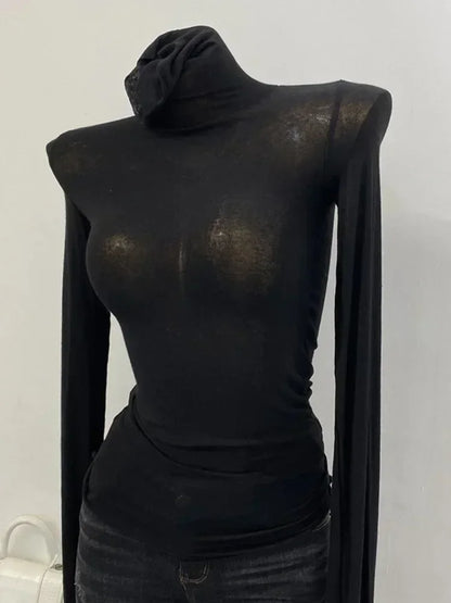 Thin Soft American Long Sleeve T Shirt For Women High Stacked Neck Tight Perspective Slim Fit Sexy Streetwear Top