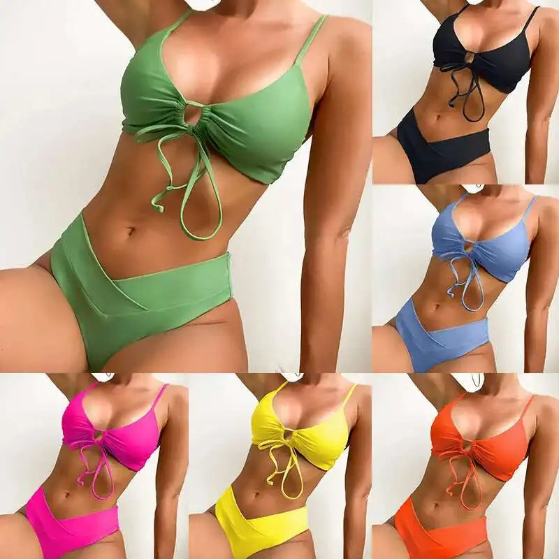 2025 Sexy Women S Solid Bikini Set High Waist Two Piece Swimwear Fashionable Summer Swimming Suit