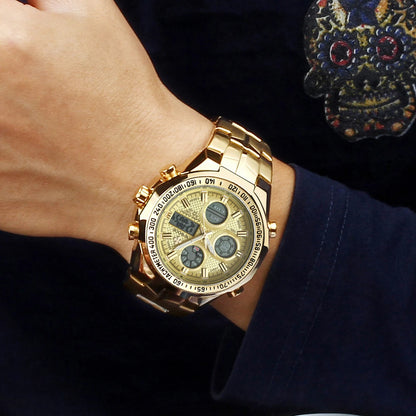 Mens Dual Rich Display Stainless Steel Golden Class Watches
