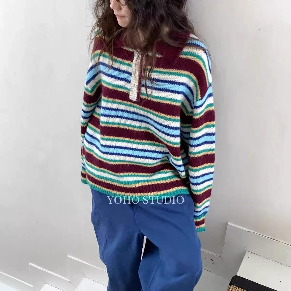 Vintage Cool Design Contrast Stripe Lace Up V Neck Sweater