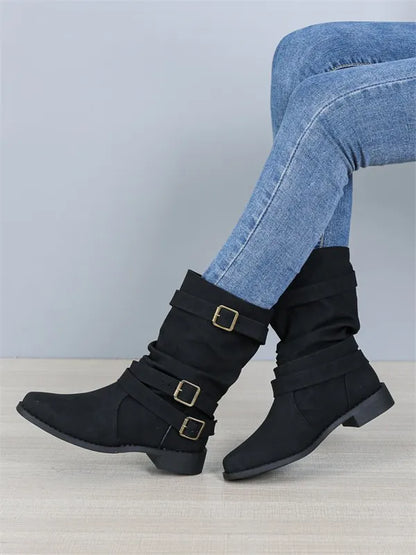 Women's Large Mid-Length Retro Boots – Buckle Casual Knight Boots for Autumn/Winter 2025