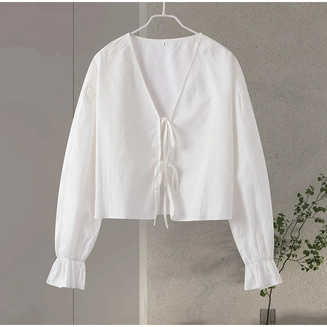 Thin Solid Lace-Up V-Neck Women Shirts