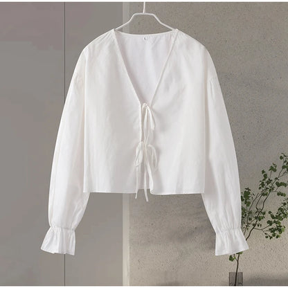 2025 New White Cropped Blouse for Women - Tie Front Casual Long Sleeve Summer Beach Shirt