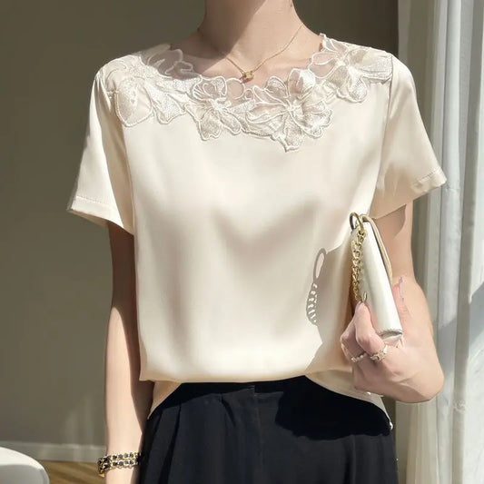 Stylish Spring Summer Loose O Neck Chiffon Shirt For Women Short Sleeve Plus Size Blush Fashion Top 2025