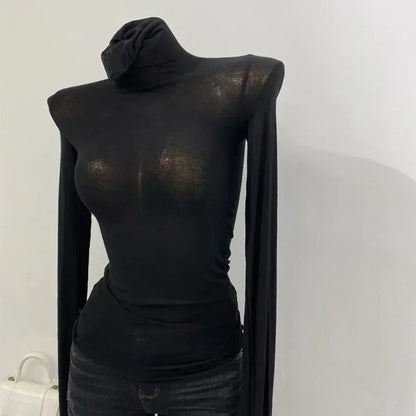 Thin Soft American Long Sleeve T Shirt For Women High Stacked Neck Tight Perspective Slim Fit Sexy Streetwear Top