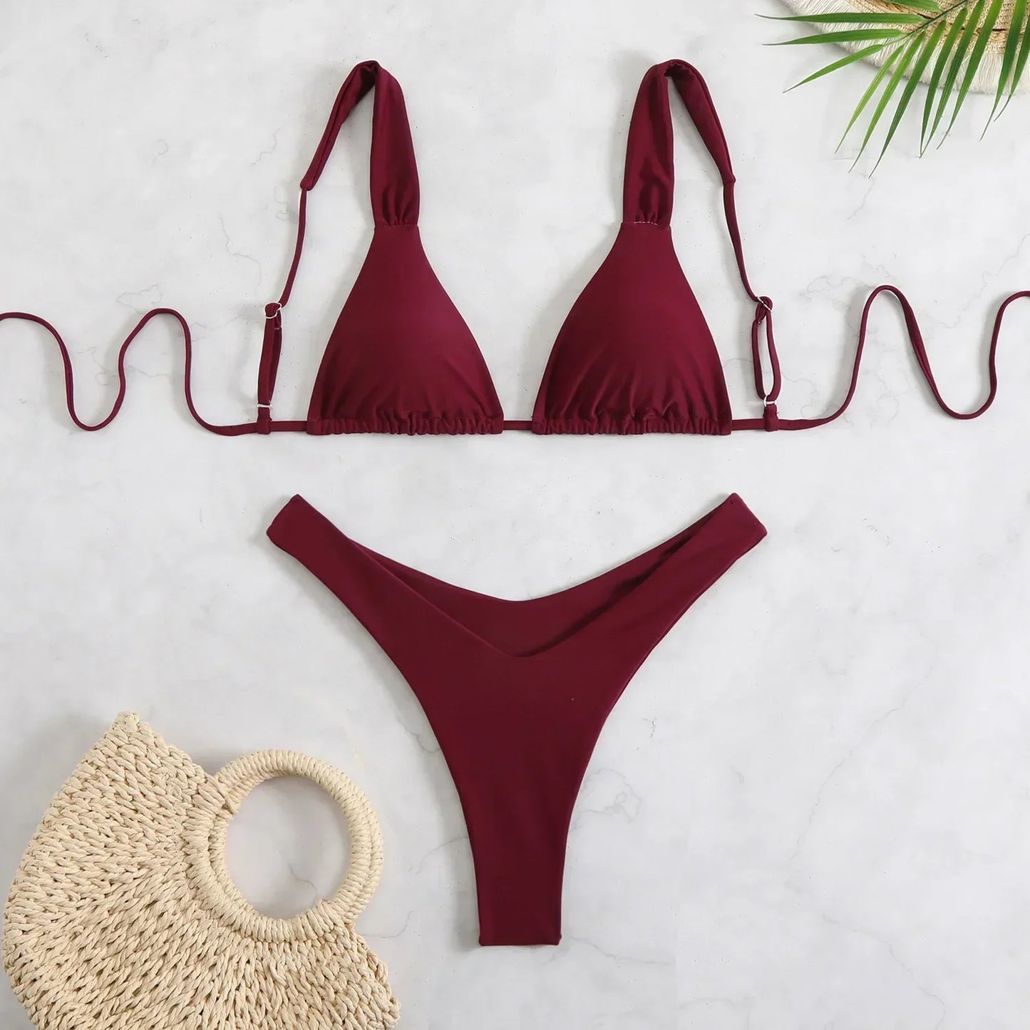 2025 Sexy High Leg Thong Bikini Solid Pink Swimwear 2 Piece Bathing Suit For Women Beachwear