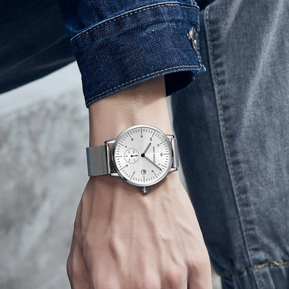 Mens Three Mini Dial Black Slim Analog Watch