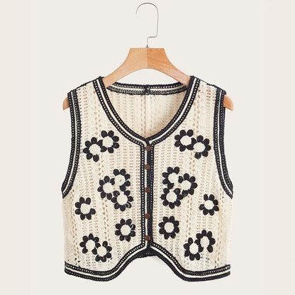 French Style Floral Pattern Crochet Sleeveless Crop Top