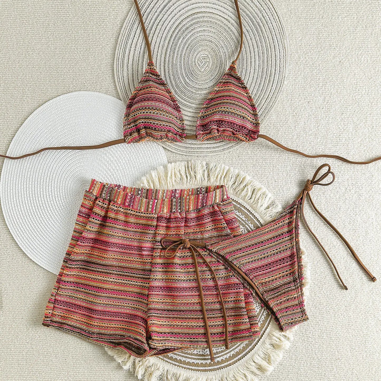 Boho Multi-Color Striped Crochet Bikini and Shorts Set Aesthetic