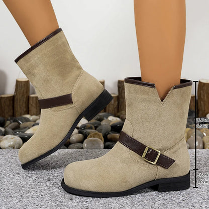 Designer British Style Square Low Heel Faux Suede Boots For Women